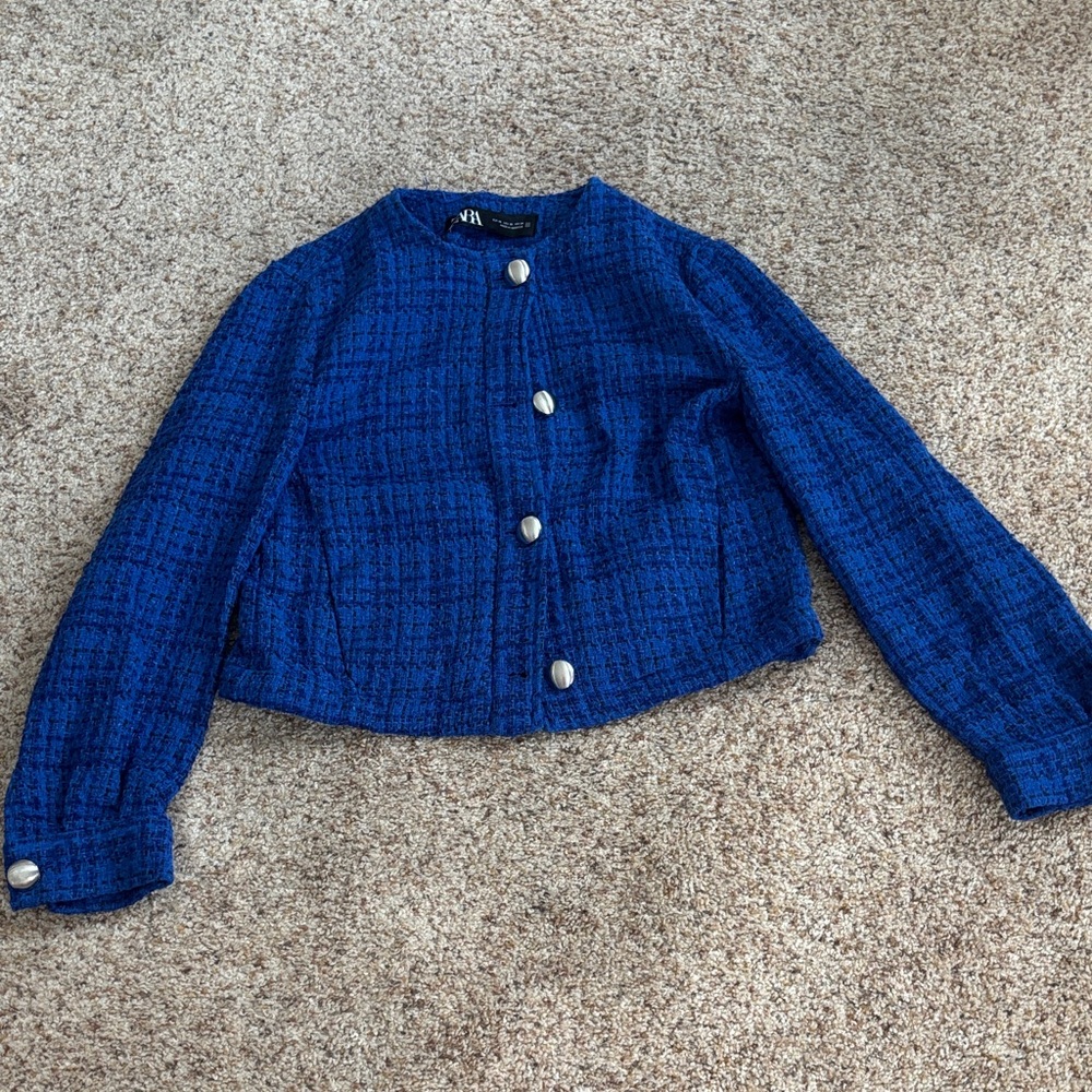 Zara Blue Tweed Jacket with silver buttons NWOT